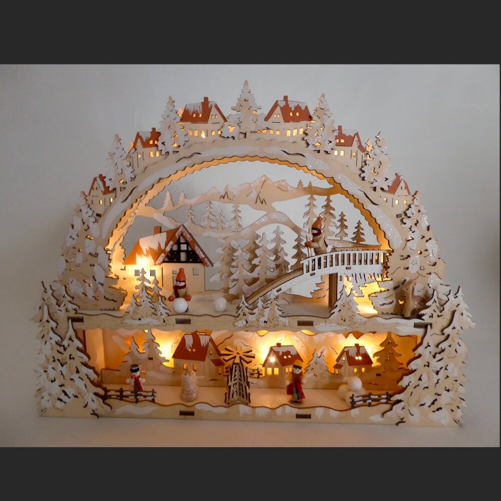 NEW 13” CHRISTMAS WINTER LED LIGHT UP LASER CUT WOOD SKI VILLAGE SNOWBALL SCENE